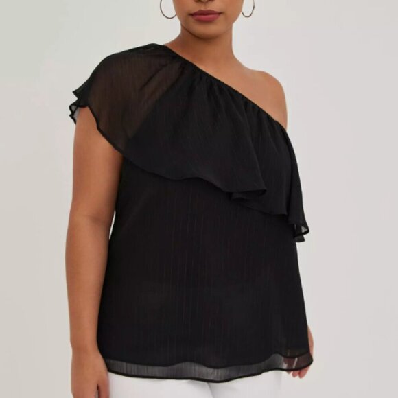 TORRID | One-Shoulder Ruffle Blouse - Crinkle Chiffon & Lurex Black Top | Sz. 4X - Picture 2 of 11